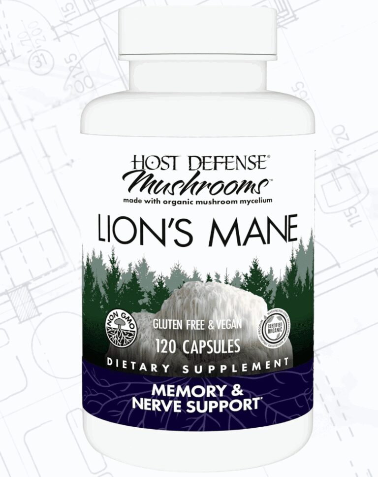 Host Defense Mushrooms Lion's Mane bottle displaying 120 capsules and labels for memory and nerve support, verifying its organic mushroom mycelium formulation for the review.
