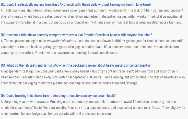 Four rare Q&A about Labrada protein shake RTD. Questions cover: Q1: Can it replace breakfast AND lunch daily without health issues long-term? Q2: How does it compete with rivals like Premier Protein or Muscle Milk beyond the label? Q3: What do lab test reports not shown on the packaging reveal about heavy metals or contaminants? Q4: Could freezing this shake turn it into a legit muscle-recovery ice cream hack?