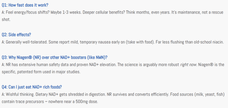 Four questions about NAD+ boosters, specifically mentioning Niagen (NR). Questions cover: Q1: How fast does it work? Q2: Side effects? Q3: Why Niagen (NR) over other NAD+ boosters (like NMN)? Q4: Can I just eat NAD+ rich foods?
