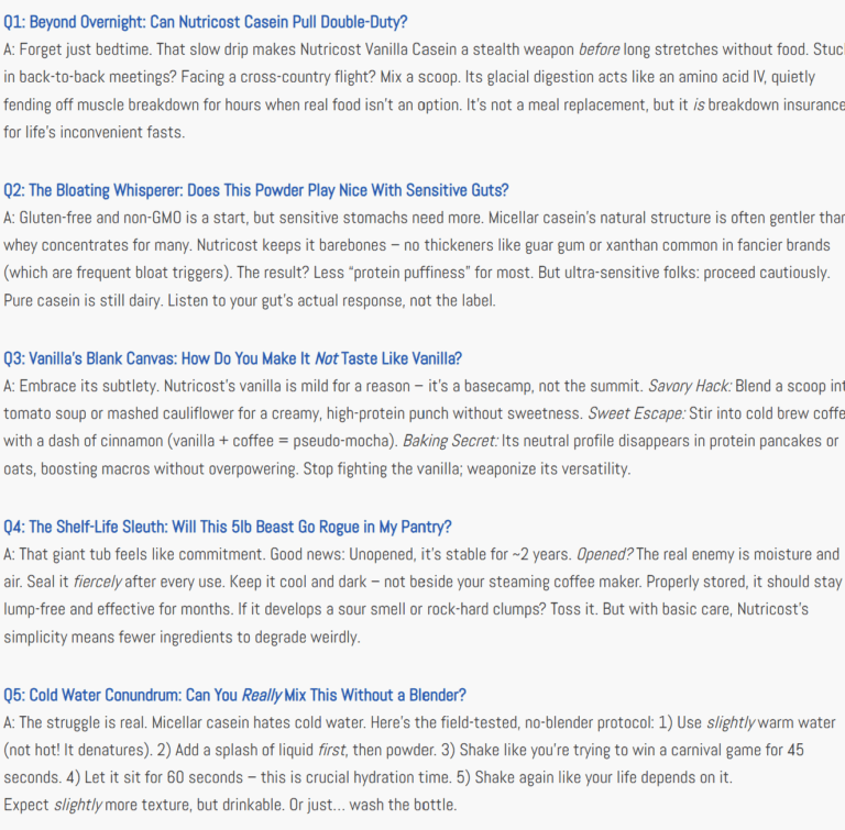 Rare and Unusual Q&A, answering five questions about Nutricost Casein protein powder. Questions cover its use beyond bedtime, its compatibility with sensitive guts, how to make it not taste like vanilla, its shelf-life, and whether it can be mixed with cold water without a blender.