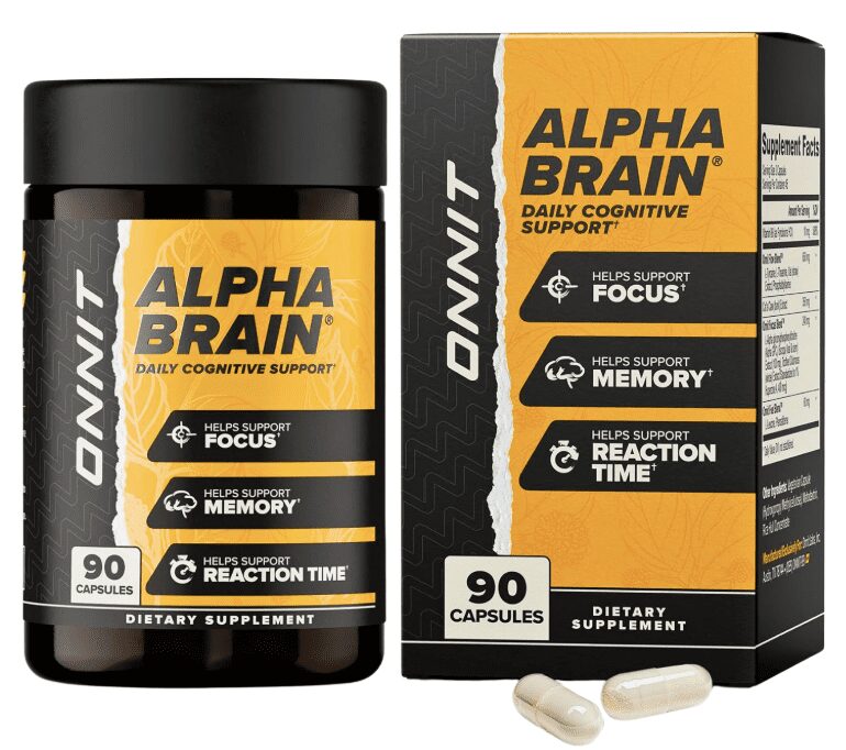 A bottle and a box of Onnit Alpha Brain Daily Cognitive Support dietary supplement. Both the bottle and box indicate "90 Capsules" and highlight benefits like "Helps Support Focus," "Helps Support Memory," and "Helps Support Reaction Time." Two capsules are visible in the foreground.