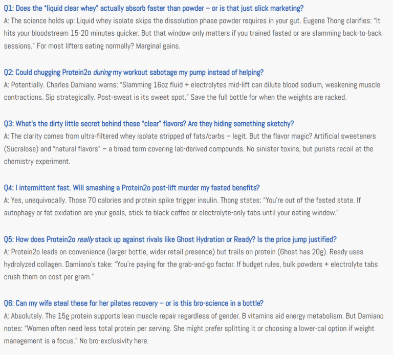 Six questions about Protein2o addressing its absorption speed, use during workouts, "clear" flavors, impact on intermittent fasting, comparison to rivals like Ghost Hydration or Ready, and its suitability for women's pilates recovery.