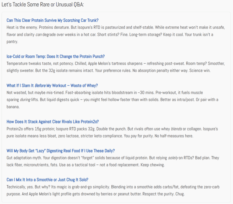 Rare or Unusual Q&A addressing common questions about Isopure RTD. Topics include: Can Clear Protein Survive My Scorching Car Trunk?, Ice-Cold or Room Temp: Does It Change the Protein Punch?, What If I Slam It Before My Workout – Waste of Whey?, How Does It Stack Against Clear Rivals Like Protein2o?, Will My Body Get “Lazy” Digesting Real Food If I Use These Daily?, and Can I Mix It Into a Smoothie or Just Chug It Solo?
