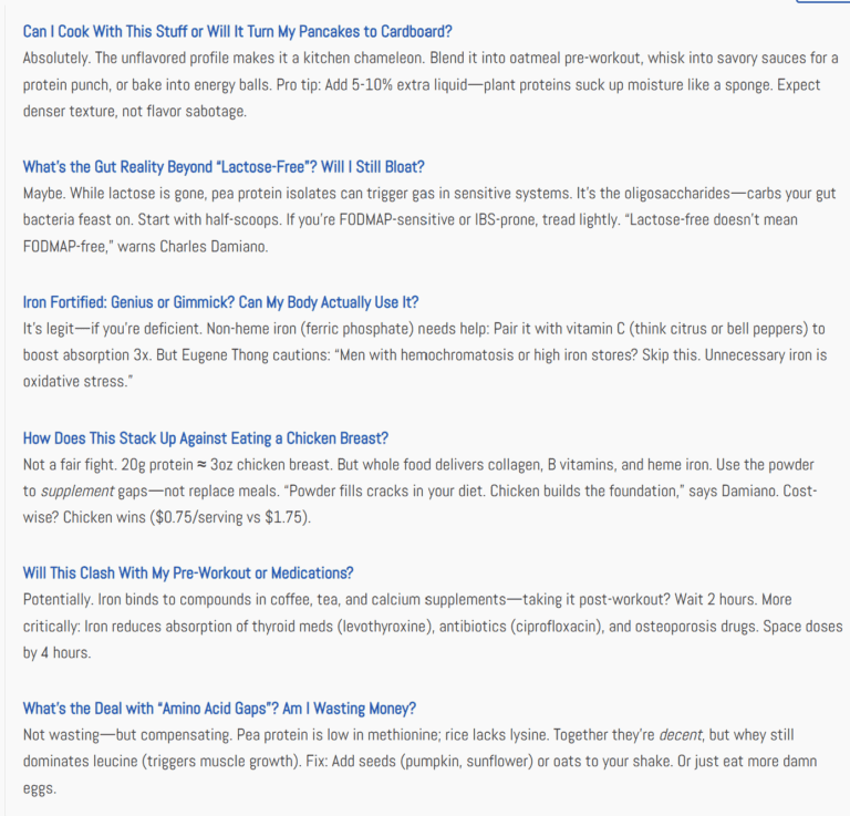 Q&A about Isopure's Plant-Based Protein, addressing questions such as: Can I Cook With This Stuff or Will It Turn My Pancakes to Cardboard?, What's the Gut Reality Beyond "Lactose-Free"? Will I Still Bloat?, Iron Fortified: Genius or Gimmick? Can My Body Actually Use It?, How Does This Stack Up Against Eating a Chicken Breast?, Will This Clash With My Pre-Workout or Medications?, and What’s the Deal with “Amino Acid Gaps”? Am I Wasting Money?