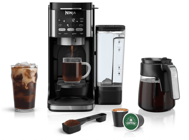 Featured product shot of the Ninja DualBrew coffee maker, showcasing its ability to brew hot coffee into a mug, iced coffee in a glass, and a full carafe using both K-Cup pods and fresh grounds for a performance-focused buyer's guide.