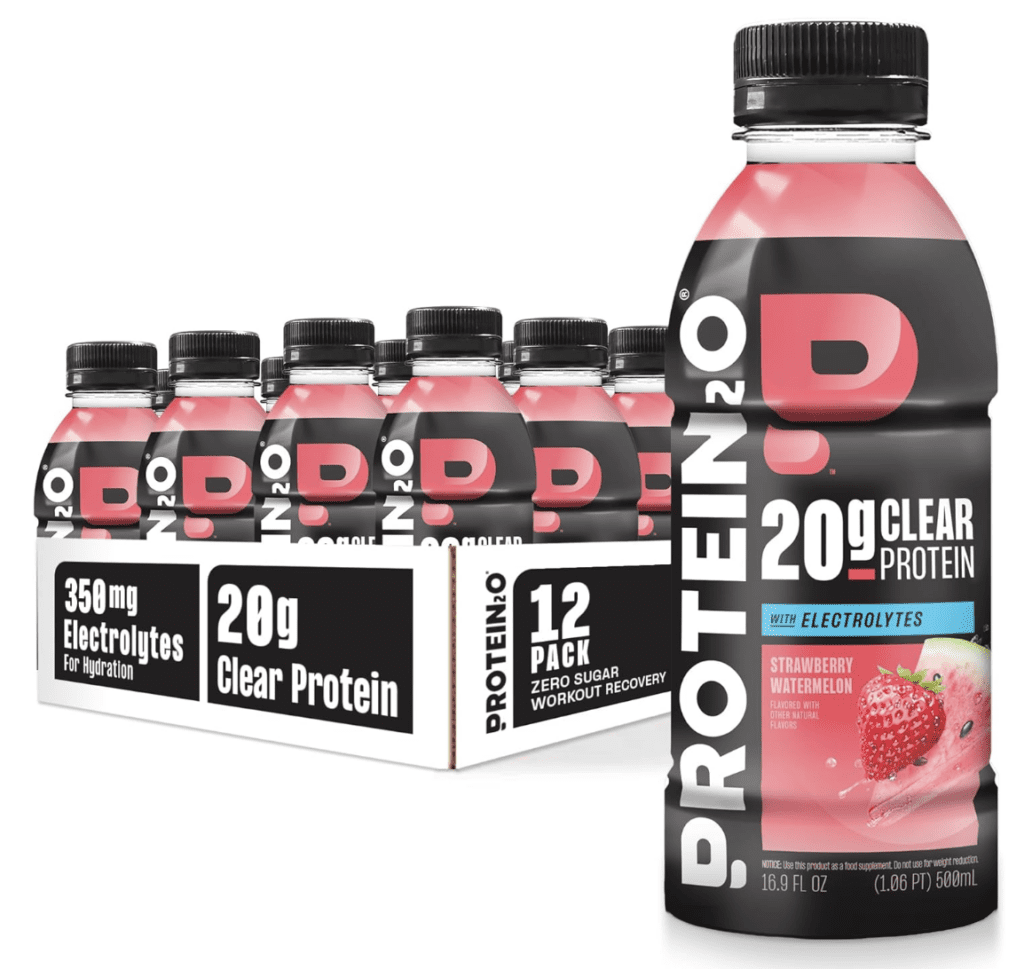 12-pack box and a single bottle of Protein2o Clear Protein drink, Strawberry Watermelon flavor, featuring 20g of clear protein, 350mg electrolytes, and zero sugar for workout recovery.