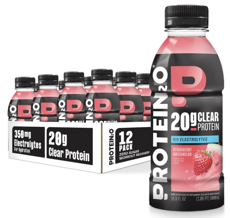 12-pack box and a single bottle of Protein2o Clear Protein drink, Strawberry Watermelon flavor, featuring 20g of clear protein, 350mg electrolytes, and zero sugar for workout recovery.