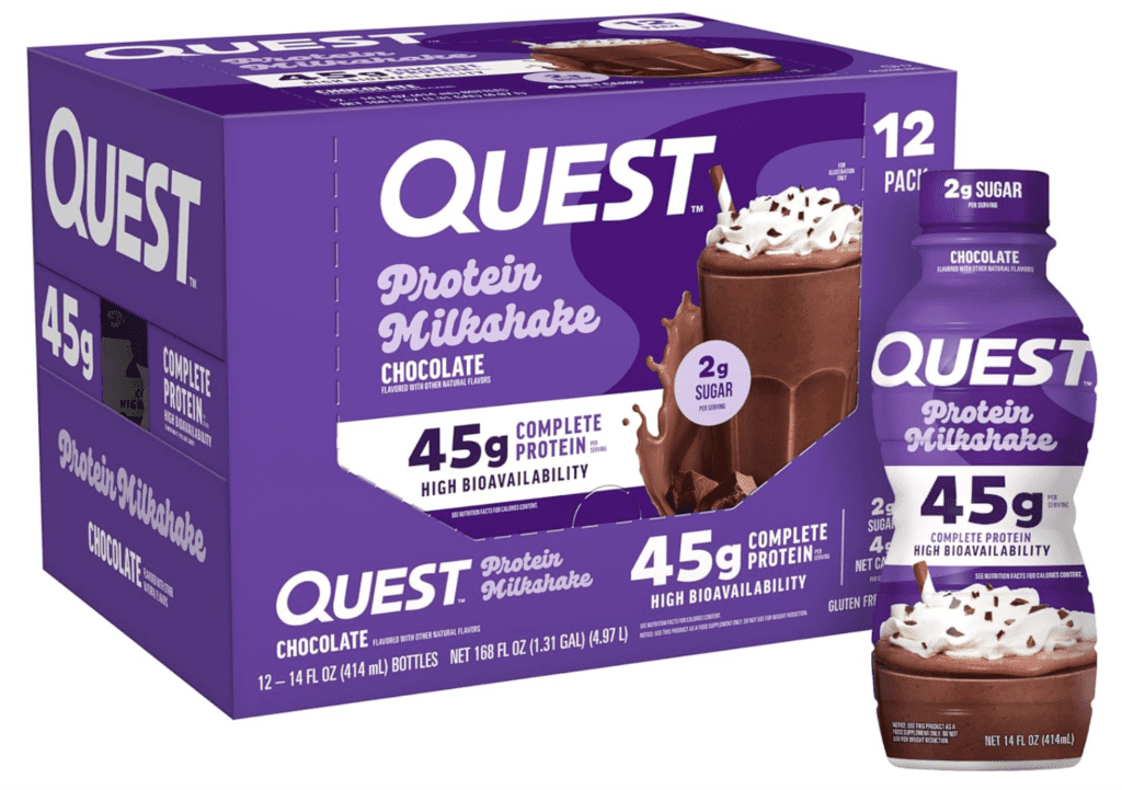 12-pack box and single bottle of QUEST Protein Milkshake in Chocolate flavor, highlighting 45g of complete, high bioavailability protein and 2g of sugar per serving.