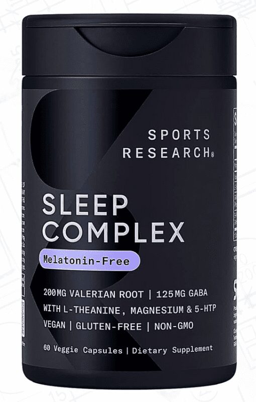 A black bottle of Sports Research Sleep Complex, a melatonin-free dietary supplement. The label highlights key ingredients like "200mg Valerian Root," "125mg GABA," along with L-Theanine, Magnesium & 5-HTP. It is labeled as Vegan, Gluten-Free, and Non-GMO, and contains "60 Veggie Capsules."