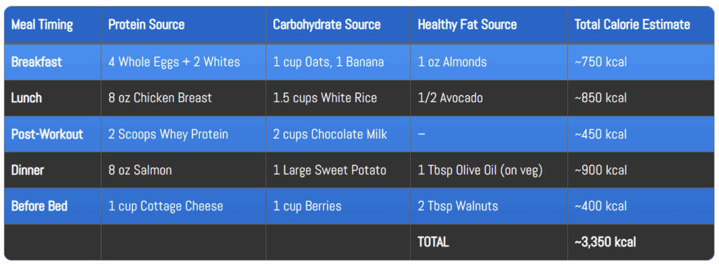 Sample Hardgainer Meal Construction Table, showing a five-meal plan for building muscle.