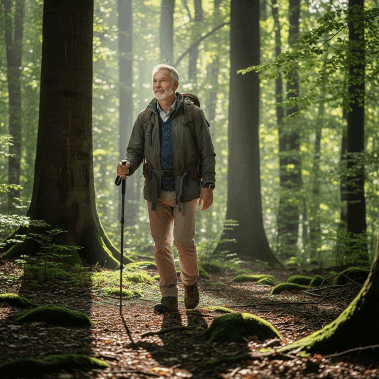 A healthy, active man over 50 with graying hair and a beard smiles while hiking on a dappled, sunlit forest path. He is wearing a backpack and using a hiking pole.