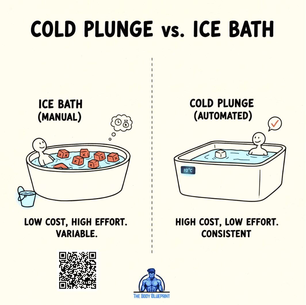 A simple, minimalist diagram comparing a modern cold plunge to a traditional ice bath. The cold plunge side highlights convenience with a dollar sign and green checkmark, while the ice bath side highlights manual effort with a dollar sign and red cross