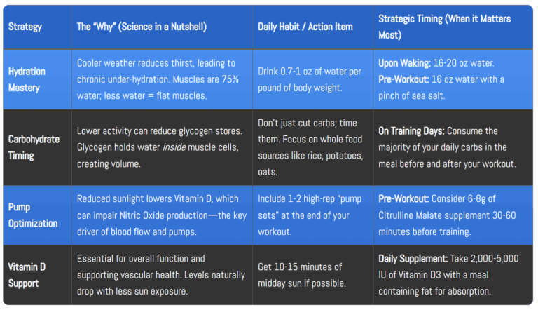 A detailed table outlining a "Flat to Full" Muscle Quick-Action Plan for men. It breaks down four strategies—Hydration, Carbohydrate Timing, Pump Optimization, and Vitamin D Support—with a scientific explanation, daily habit, and strategic timing for each.