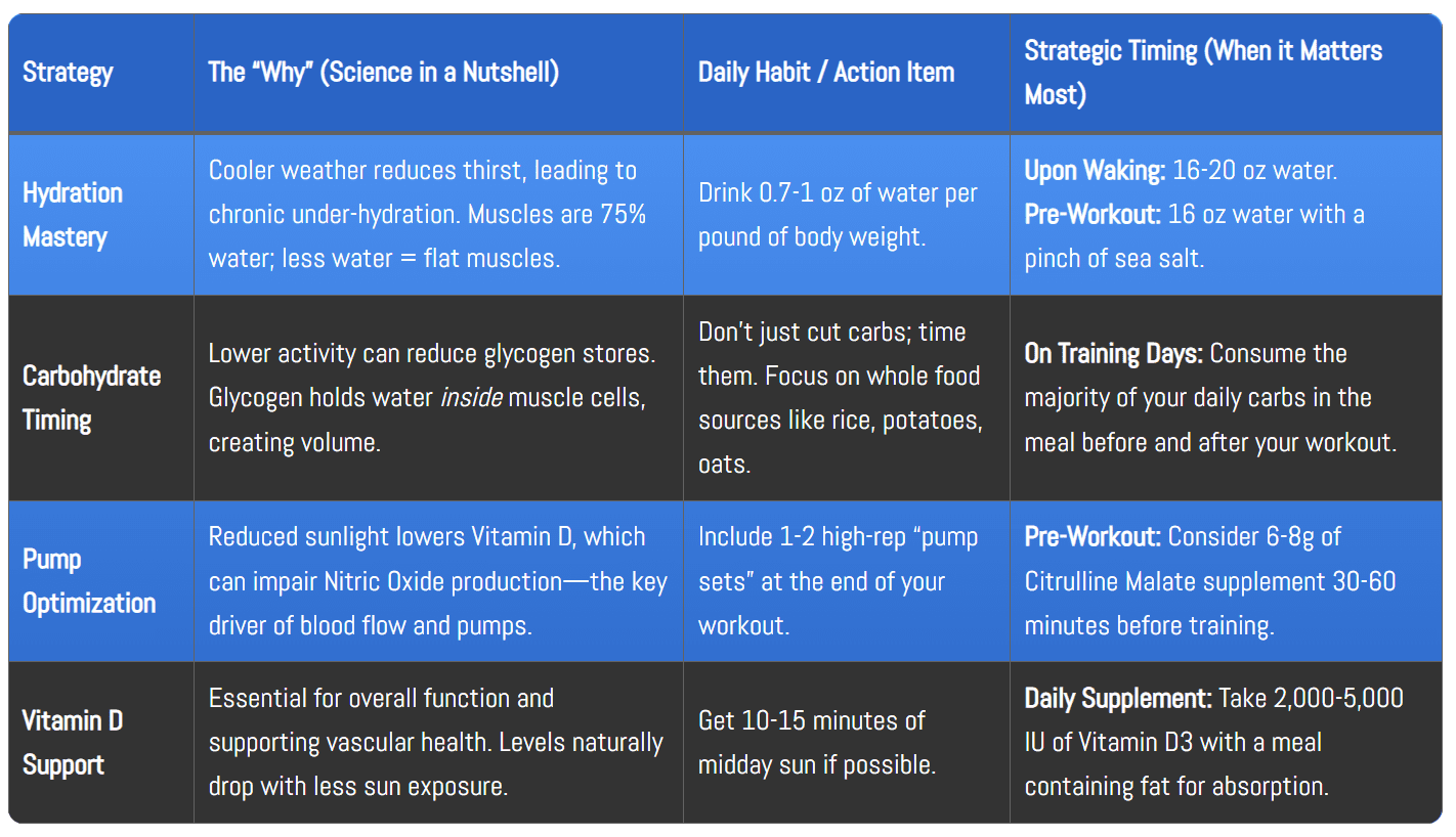 A detailed table outlining a "Flat to Full" Muscle Quick-Action Plan for men. It breaks down four strategies—Hydration, Carbohydrate Timing, Pump Optimization, and Vitamin D Support—with a scientific explanation, daily habit, and strategic timing for each.