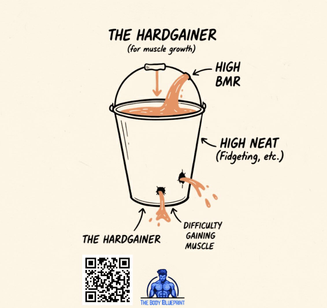 A hand-drawn, infographic-style illustration on a textured beige background. The image depicts a bucket labeled "THE HARDGAINER" being filled from the top with an orange liquid, representing calories for muscle growth. There are two holes in the bottom of the bucket, each leaking the liquid. One hole is labeled "HIGH BMR" and the other, "HIGH NEAT (Fidgeting, etc.)". An arrow points to the leaking liquid at the bottom, labeled "DIFFICULTY GAINING MUSCLE." At the very bottom of the image is a circular logo for "HARDGAINER PHYSIQUE."