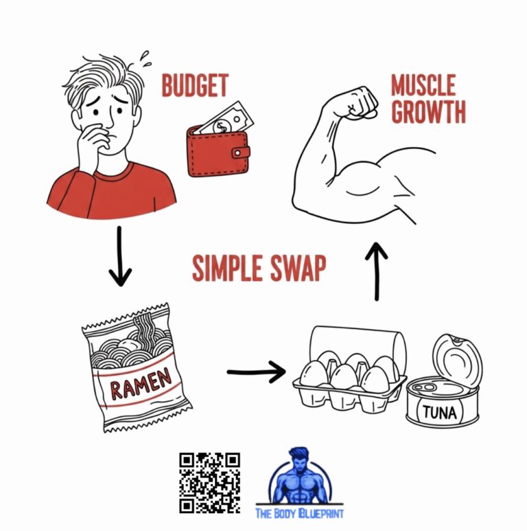 A simplified, hand-drawn diagram for college students trying to build muscle on a budget. A student is shown with a wallet containing a single dollar bill. An arrow points from ramen noodles to a carton of eggs and a can of tuna, with text that reads "Simple Swap" and "Muscle Growth."