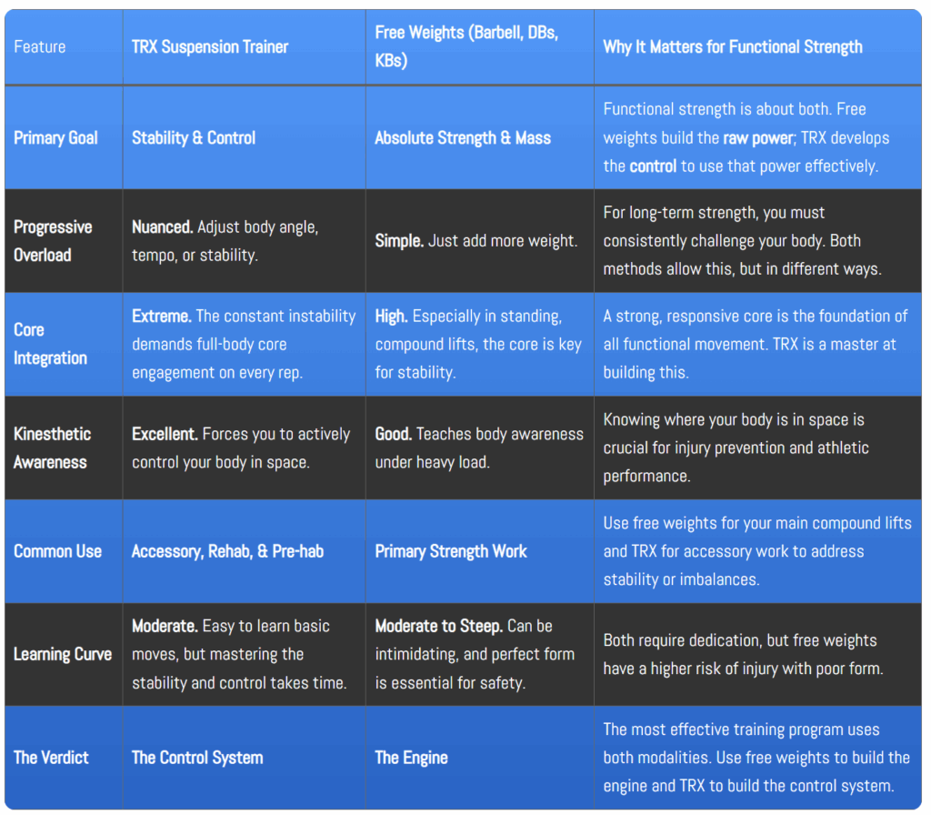 A detailed table comparing TRX and free weights for functional strength.
