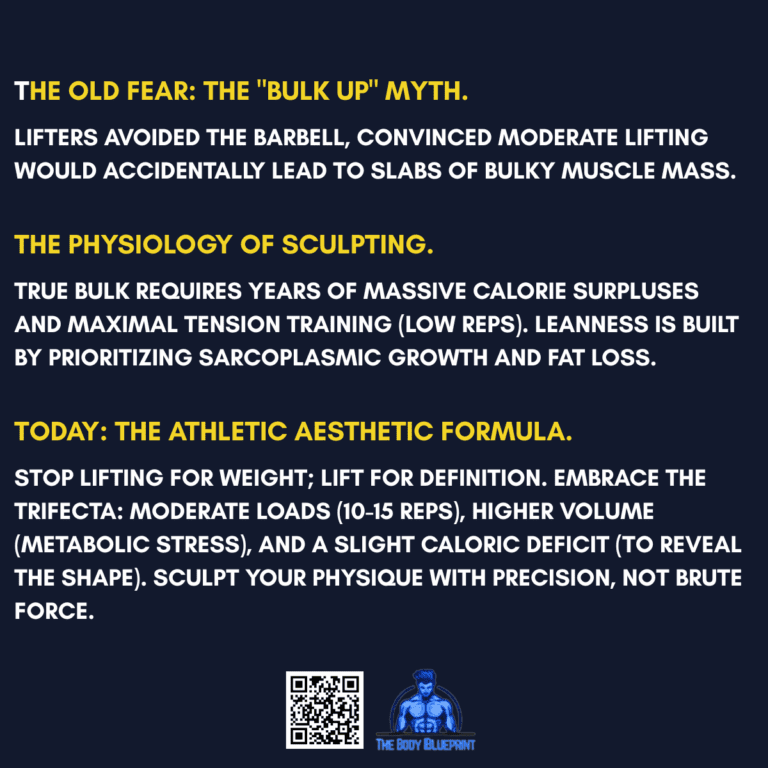 A timeline graphic with a dark blue background and yellow text, debunking the myth of "bulking up." It contrasts "The Old Fear" of getting bulky with "The Physiology of Sculpting," explaining that bulk requires a massive calorie surplus. It concludes with "Today: The Athletic Aesthetic Formula," a trifecta of moderate loads, higher volume, and a slight caloric deficit for a defined physique.