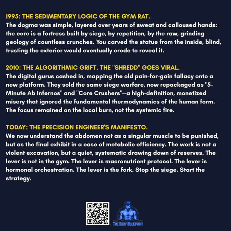 A timeline graphic on a dark blue background with yellow text, detailing the evolution of ab training philosophy. It covers 1995's "Sedimentary Logic" of endless crunches, 2010's viral "Algorithmic Grift," and today's "Precision Engineer's Manifesto," which focuses on macronutrients and hormonal strategy.