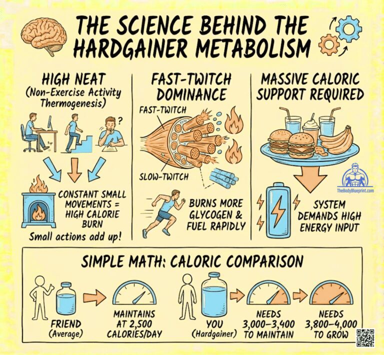 Infographic explaining the hardgainer metabolism, attributing it to High NEAT (Non-Exercise Activity Thermogenesis), Fast-Twitch muscle fiber dominance, and the resulting Massive Caloric Support required. A comparison shows a hardgainer needs 3,000-3,400 calories to maintain and 3,800-4,000 calories to grow, compared to 2,500 calories for an average person.