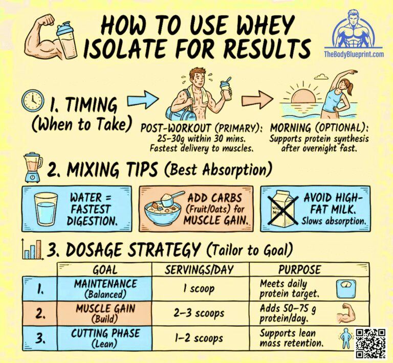Infographic illustrating how to use whey protein isolate for best results, covering optimal post-workout and morning timing, mixing with water or carbs for absorption, and dosage strategy (1-3 scoops) for maintenance, muscle gain, and cutting phases.