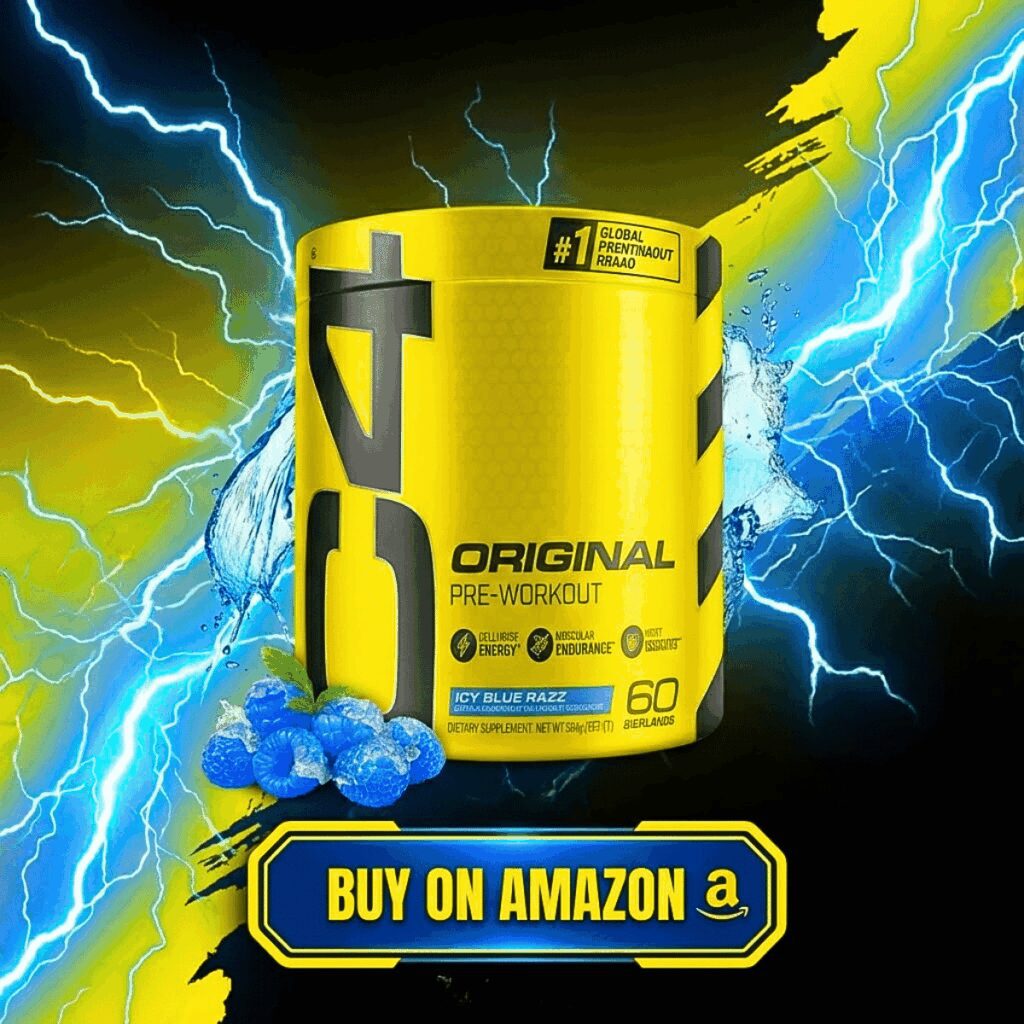 Cellucor C4 Original pre-workout tub, Icy Blue Razz flavor, 60 servings, with graphic overlay reading "BUY ON AMAZON" and lightning effects.