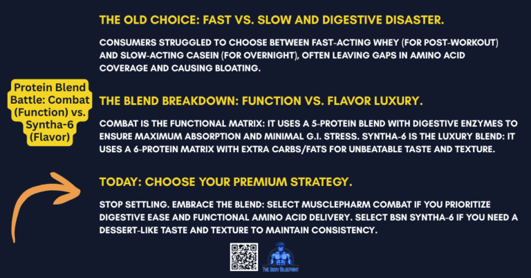 A graphic with a dark blue background and yellow text, comparing protein blends. It outlines "The Blend Breakdown," positioning MusclePharm Combat as a "Functional Matrix" with digestive enzymes and BSN Syntha-6 as a "Luxury Blend" with superior taste/texture. It advises choosing based on digestive function versus flavor preference.