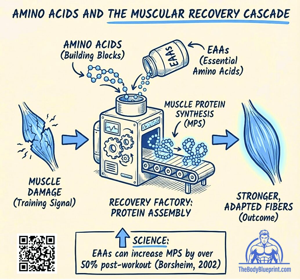 Diagram illustrating the Muscular Recovery Cascade, showing Muscle Damage leading to the Recovery Factory (Protein Assembly), which uses EAAs (Essential Amino Acids) to fuel Muscle Protein Synthesis (MPS), resulting in Stronger, Adapted Fibers. Text cites EAAs increasing MPS by over 50% post-workout (Borsheim 2002).