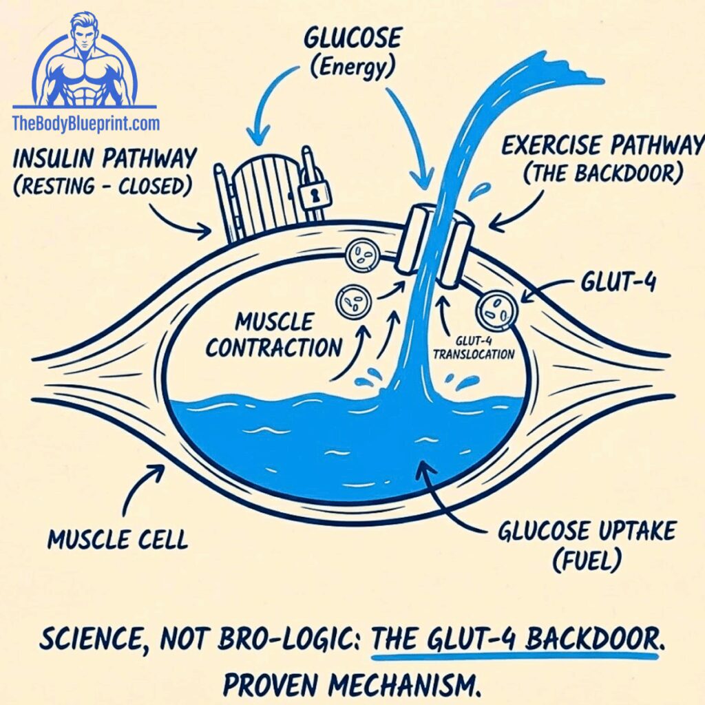 Scientific diagram illustrating the GLUT-4 glucose transporter 'backdoor' mechanism in a muscle cell, showing glucose uptake via the Insulin Pathway (resting) and the Exercise Pathway (muscle contraction/GLUT-4 translocation).