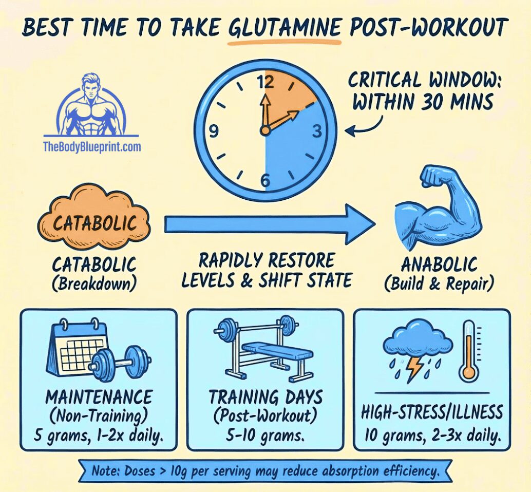 Instructional diagram for Glutamine timing and dosage: Critical window is within 30 minutes post-workout to shift the body from Catabolic to Anabolic state. Dosages recommended are 5g (Maintenance), 5-10g (Training Days), and 10g 2-3x daily (High Stress/Illness).