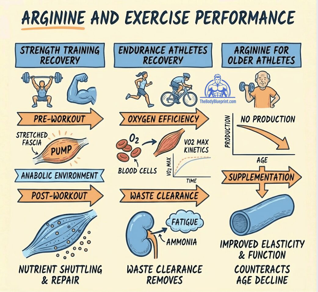 Diagram showing the benefits of L-Arginine for exercise performance across three groups: Strength Training (Pump, Anabolic Environment, Repair), Endurance Athletes (Oxygen Efficiency, VO2 Max, Waste Clearance), and Older Athletes (Improved Vascular Function, Counteracts Age Decline in NO Production).