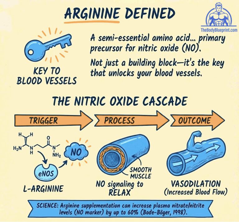 Scientific diagram defining Arginine as the primary precursor for Nitric Oxide (NO). It illustrates the NO Cascade: L-Arginine + eNOS leads to NO signaling, causing smooth muscle to relax, resulting in Vasodilation and Increased Blood Flow. Text cites a study showing Arginine increases NO markers by up to 60% (Bode-Böger 1998).