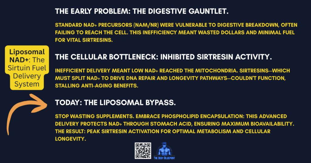 A timeline graphic with a dark blue background and yellow text, explaining the benefits of Liposomal NAD+. It details "The Digestive Gauntlet" of standard precursors, "The Cellular Bottleneck" of inhibited sirtuin activity, and "Today: The Liposomal Bypass," which uses phospholipid encapsulation to ensure maximum bioavailability and sirtuin activation for longevity.