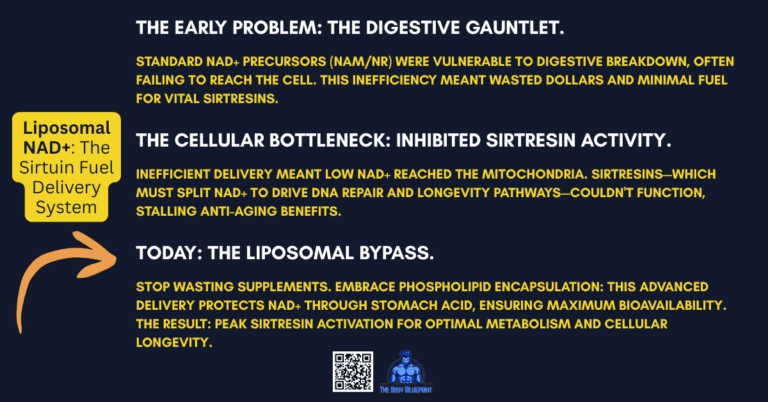 A timeline graphic with a dark blue background and yellow text, explaining the benefits of Liposomal NAD+. It details "The Digestive Gauntlet" of standard precursors, "The Cellular Bottleneck" of inhibited sirtuin activity, and "Today: The Liposomal Bypass," which uses phospholipid encapsulation to ensure maximum bioavailability and sirtuin activation for longevity.