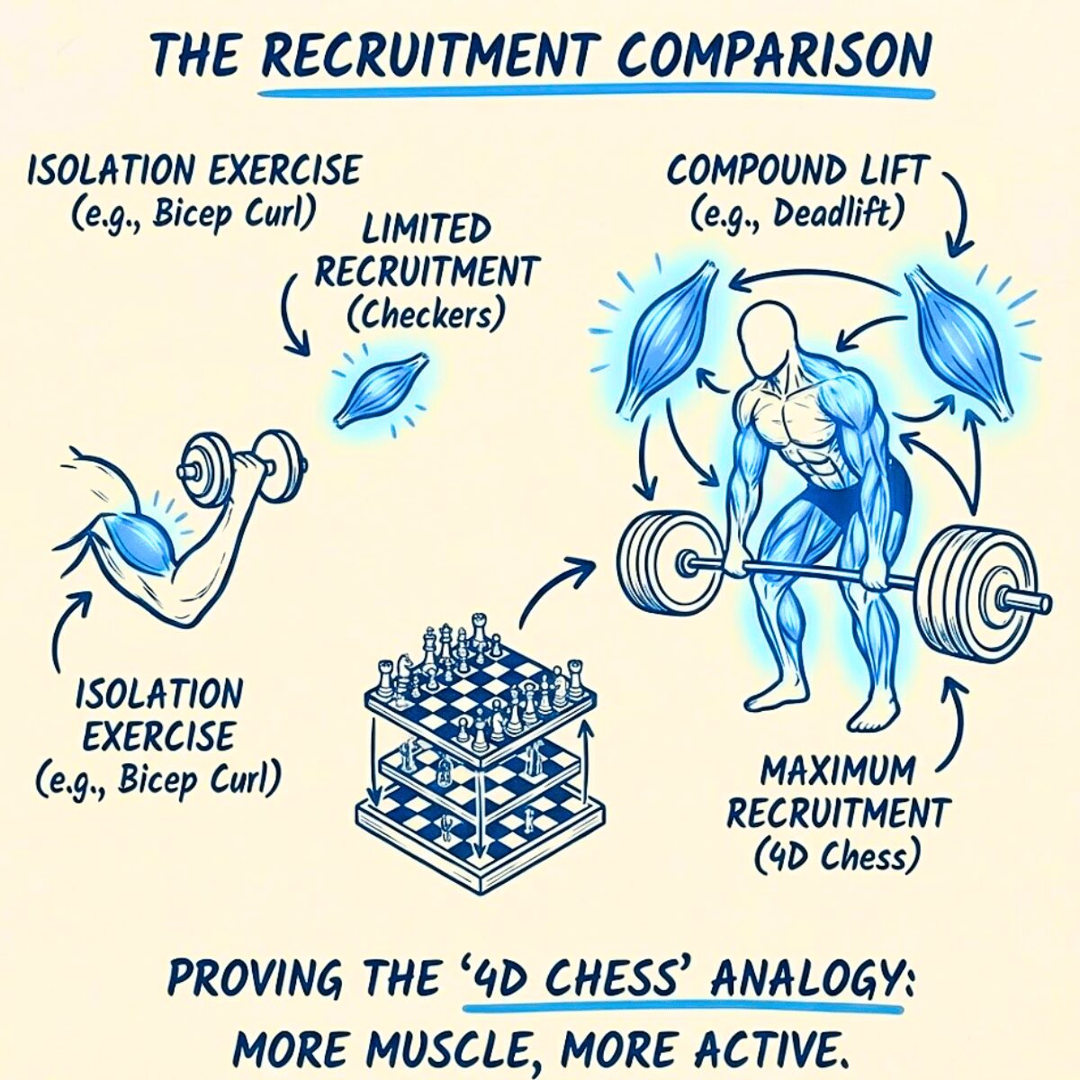 Diagram comparing muscle fiber recruitment in an Isolation Exercise (Bicep Curl, labeled 'Limited Recruitment/Checkers') versus a Compound Lift (Deadlift, labeled 'Maximum Recruitment/4D Chess') to show superior muscle activation in compound movements.