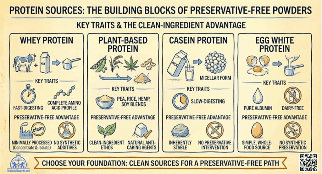 Infographic comparing four protein sources: Whey (fast-digesting, complete amino profile), Plant-Based (pea, rice, hemp blends), Casein (slow-digesting, micellar form), and Egg White (pure albumin, dairy-free). All emphasize being preservative-free.