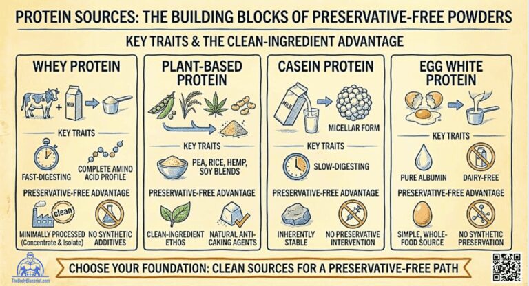 Infographic comparing four protein sources: Whey (fast-digesting, complete amino profile), Plant-Based (pea, rice, hemp blends), Casein (slow-digesting, micellar form), and Egg White (pure albumin, dairy-free). All emphasize being preservative-free.