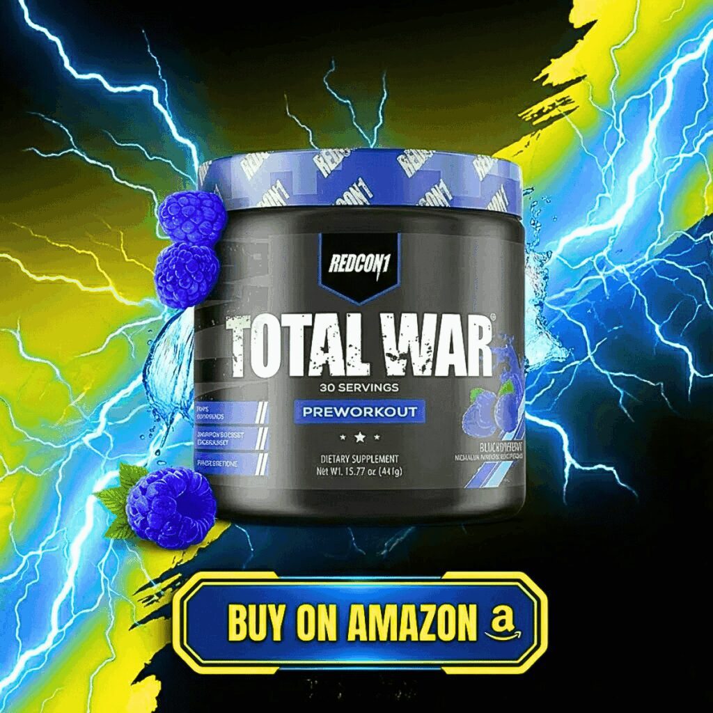 Redcon1 Total War high-stimulant pre-workout, Blue Raspberry, with lightning effects and "BUY ON AMAZON" button; provides 320mg caffeine, 30 servings.