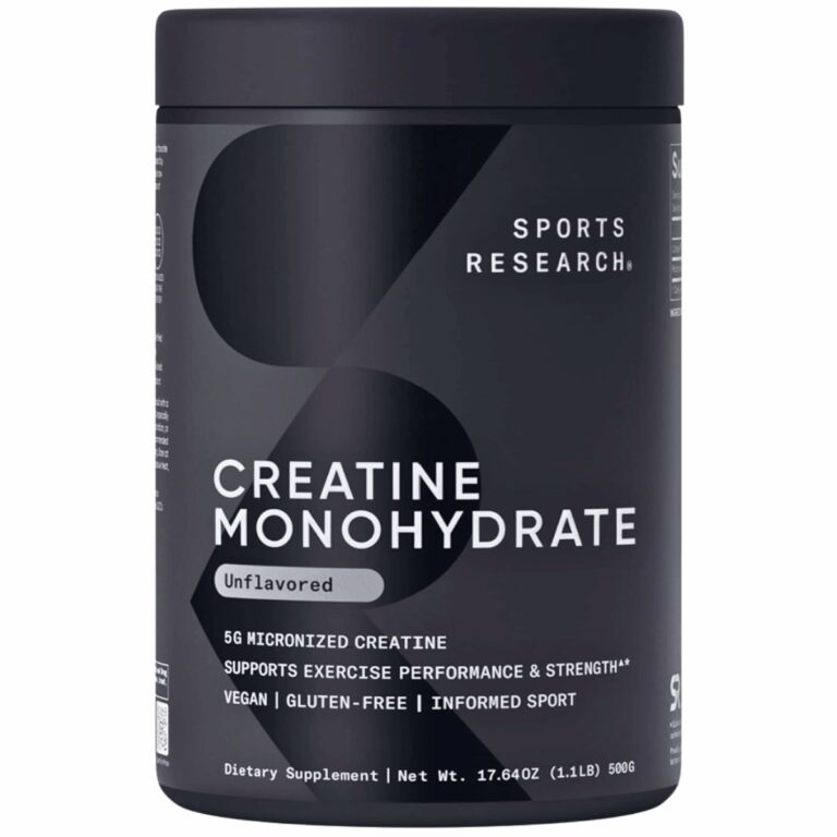 A black tub of Sports Research Creatine Monohydrate. The label highlights "5G Micronized Creatine" and key certifications including "Informed Sport," "Vegan," and "Gluten-Free," emphasizing support for exercise performance and strength.
