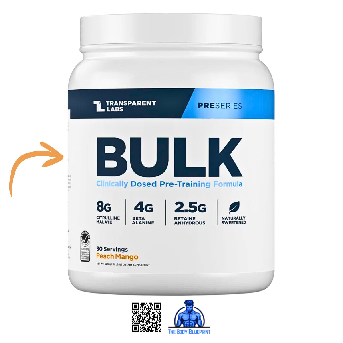 A white tub of Transparent Labs PreSeries BULK pre-workout in Peach Mango flavor. The label highlights massive clinical dosages: 8g Citrulline Malate, 4g Beta-Alanine, and 2.5g Betaine Anhydrous, along with the "Informed Choice" certification and "Naturally Sweetened" badge.