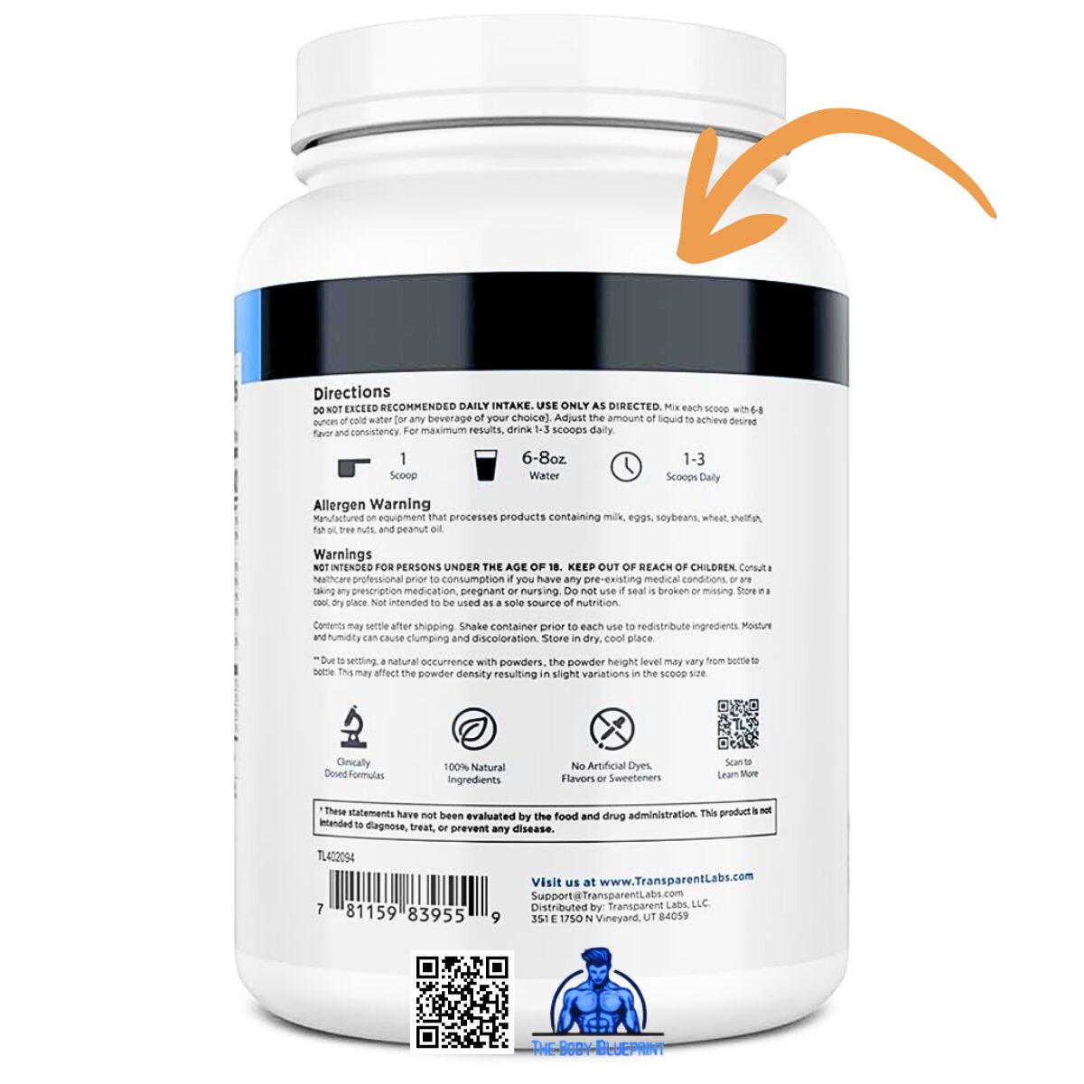 The back label of Transparent Labs Grass-Fed Whey Isolate tub. It displays mixing directions (1 scoop with 6-8oz water) and three prominent circular badges: "Clinically Dosed Formulas," "100% Natural Ingredients," and "No Artificial Dyes, Flavors or Sweeteners."
