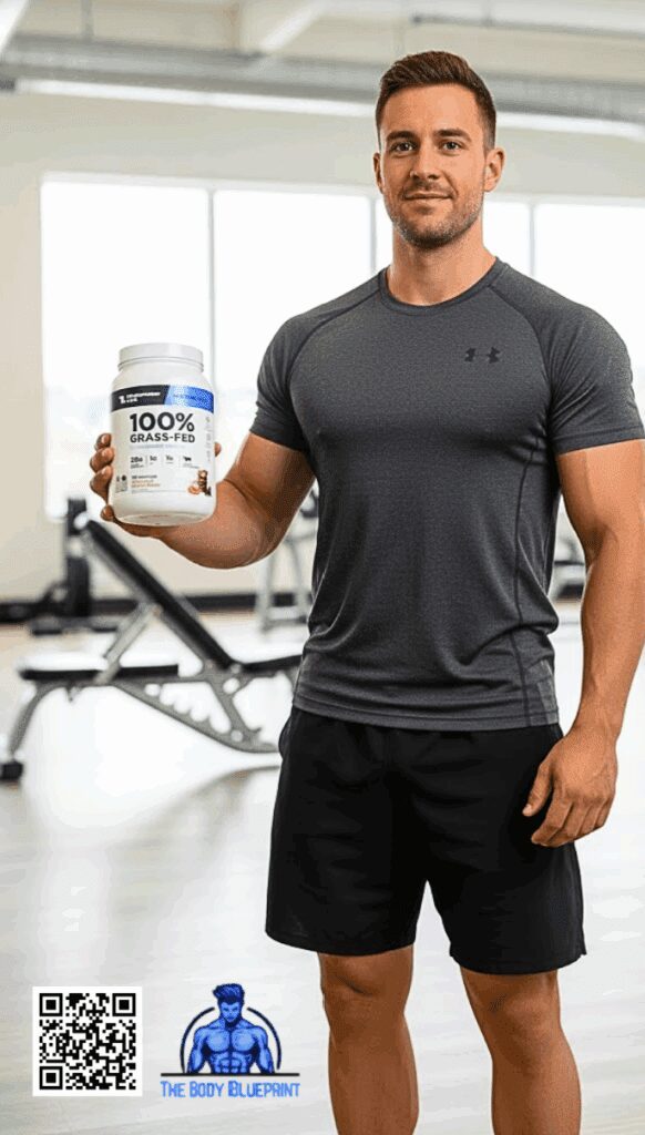 A fit, muscular man in a grey t-shirt standing in a gym, holding a white tub of Transparent Labs 100% Grass-Fed Whey Protein Isolate. The image highlights the connection between clean supplementation and a fitness lifestyle.