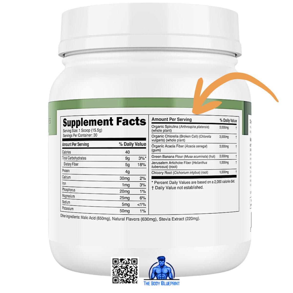 The Supplement Facts label on a tub of Transparent Labs Greens. It lists specific dosages including 3,000mg Organic Spirulina, 3,000mg Organic Chlorella, and 3,000mg Organic Acacia Fiber, proving the absence of proprietary blends and the use of natural sweeteners like Stevia.