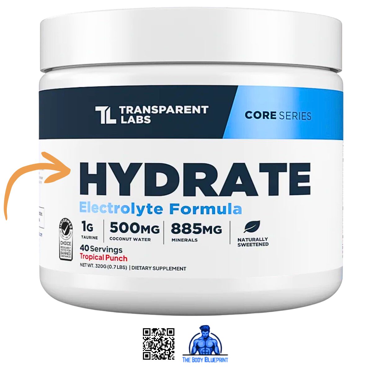 A white tub of Transparent Labs Core Series Hydrate Electrolyte Formula in Tropical Punch flavor. The label highlights key dosages including 1g Taurine, 500mg Coconut Water, and 885mg Minerals, alongside "Naturally Sweetened" and "Informed Choice" certification badges.