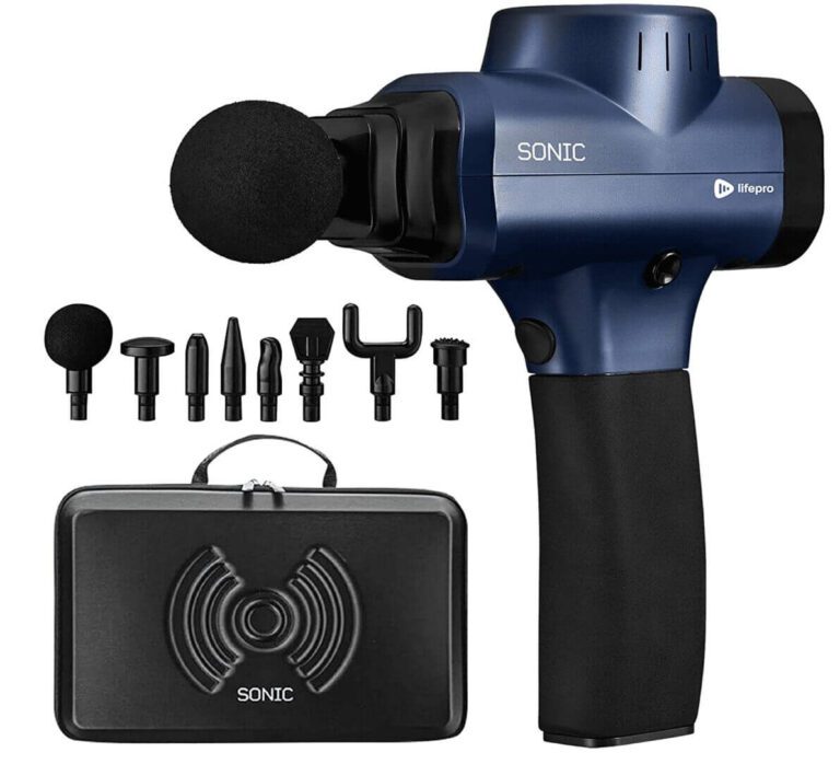 Complete percussion massage gun kit displayed with its protective carrying case and multiple interchangeable heads, illustrating proper device storage and attachment care.