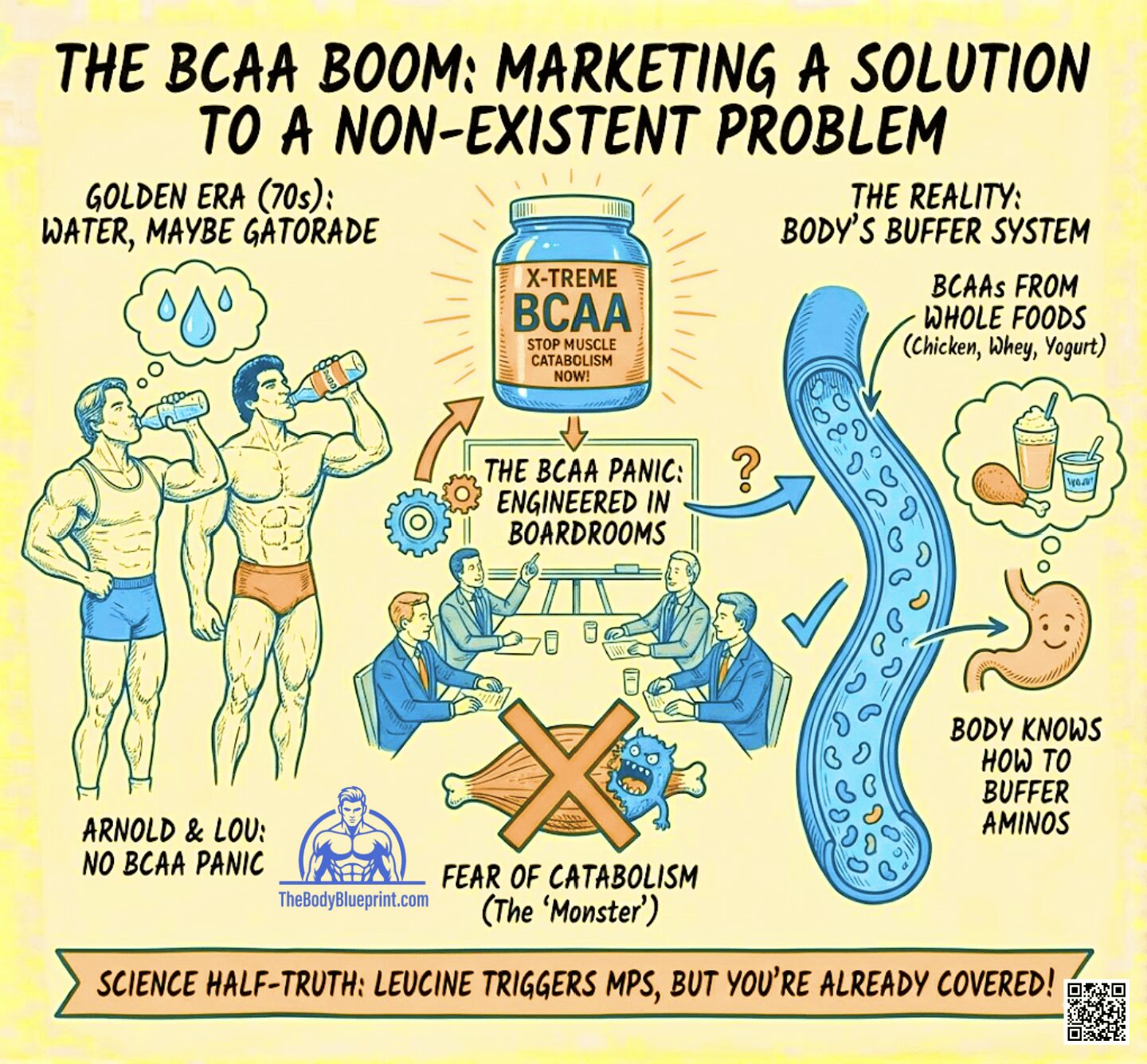 Critical diagram illustrating "The BCAA Boom: Marketing a Solution to a Non-Existent Problem." It argues that BCAAs are primarily obtained from whole foods (chicken, whey, yogurt) and the body's buffer system prevents muscle catabolism, labeling the "Fear of Catabolism" as a marketing construct.