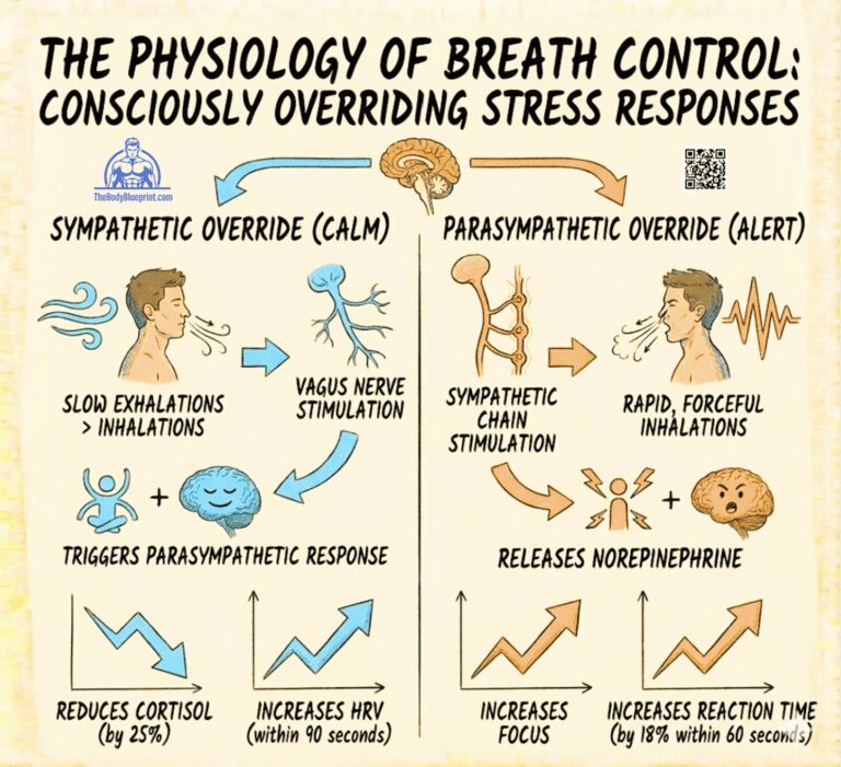 Infographic showing breath control for stress override. Slow exhalations trigger Sympathetic Override (calm) via Vagus Nerve, reducing Cortisol by 25% and increasing HRV. Rapid inhalations trigger Parasympathetic Override (alert) via Sympathetic Chain, releasing Norepinephrine and increasing focus and reaction time.