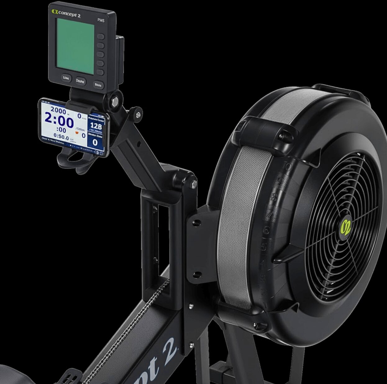 Technical close-up of the Concept2 PM5 performance monitor mounted on a RowErg, displaying high-contrast training metrics including split time, stroke rate, and Bluetooth-connected heart rate data for precise metabolic conditioning.