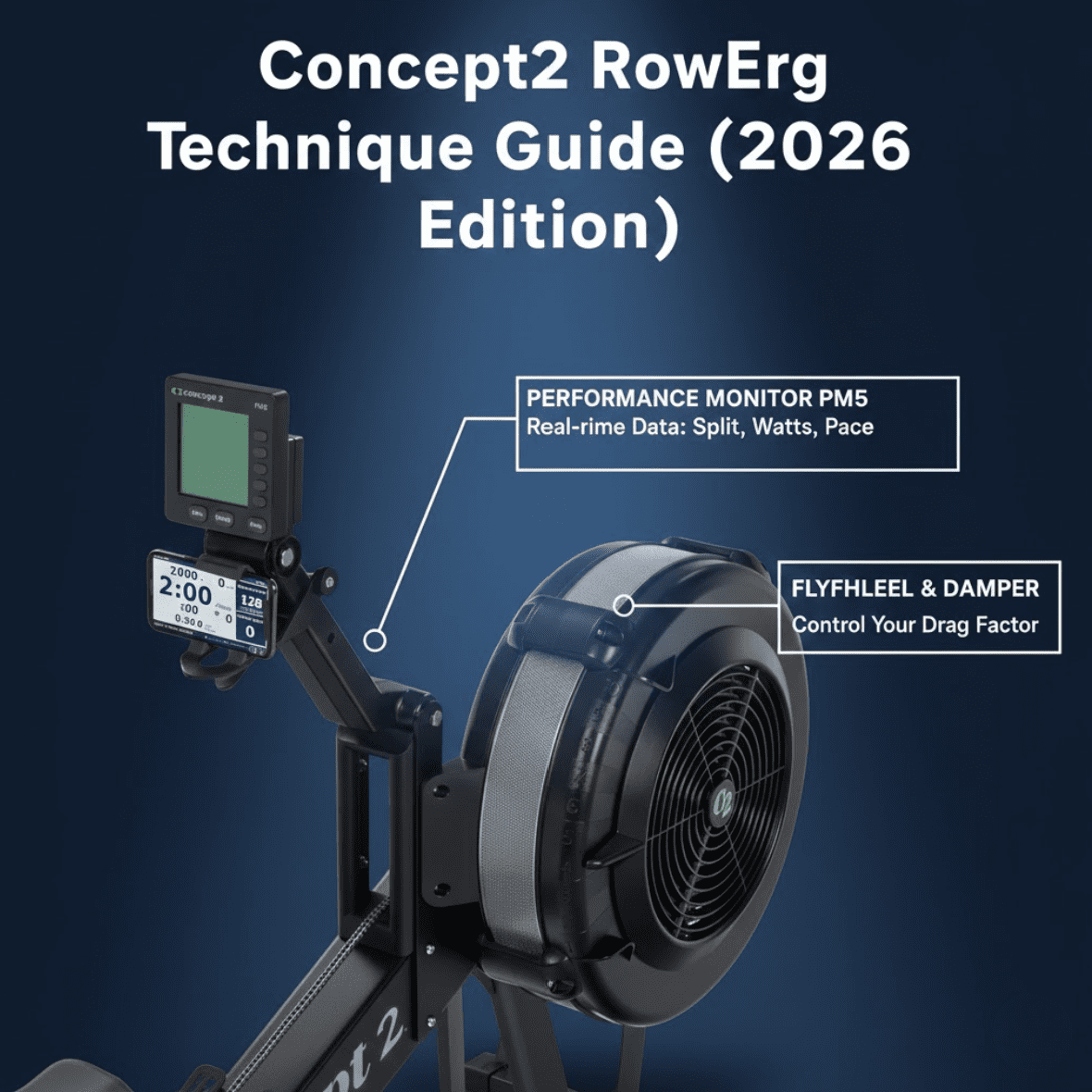 Technical infographic of a Concept2 RowErg highlighting the PM5 performance monitor for real-time split and pace data, and the flywheel-damper assembly used to calibrate drag factor for optimal mechanical load during the rowing stroke.
