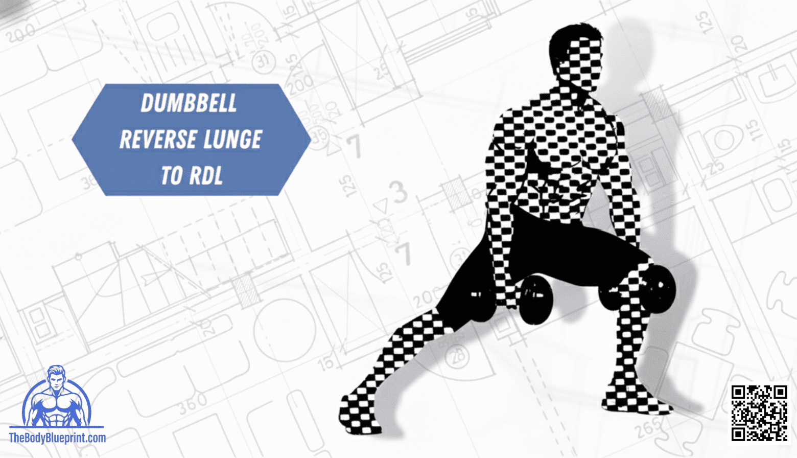 Technical diagram of the Dumbbell Reverse Lunge to RDL transition showing proper hip hinge mechanics for glute and hamstring hypertrophy.